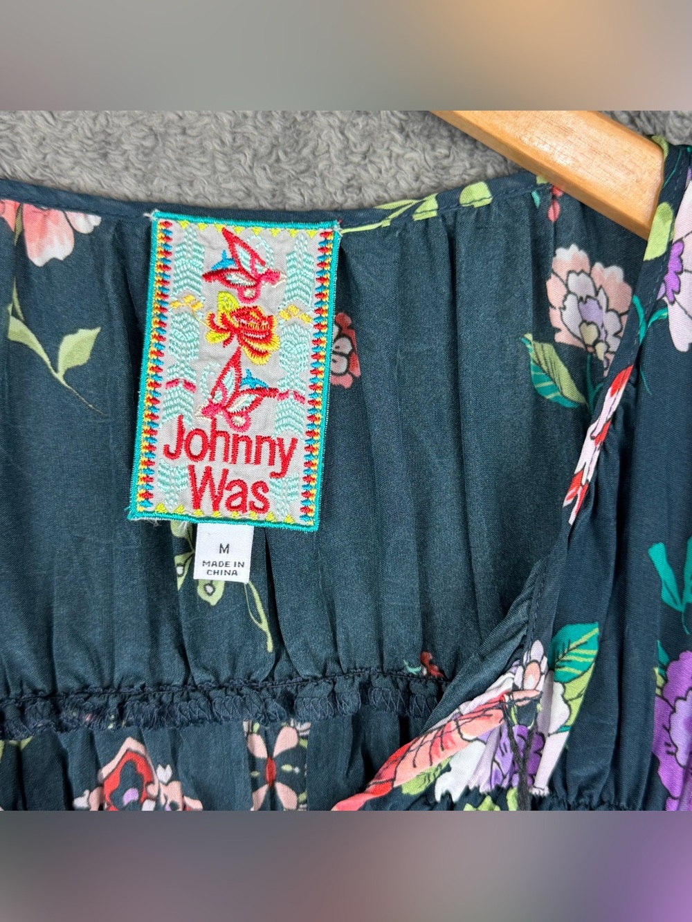 Johnny Was • Navy Blouse w/ Beaded & Tassel Ties • Medium Long Sleeve Colorful - Picture 3 of 11